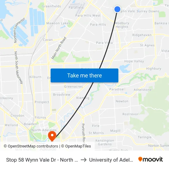 Stop 58 Wynn Vale Dr - North side to University of Adelaide map