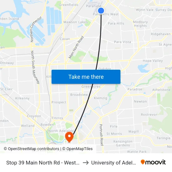 Stop 39 Main North Rd - West side to University of Adelaide map