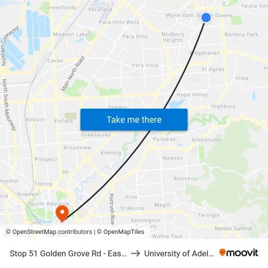 Stop 51 Golden Grove Rd - East side to University of Adelaide map