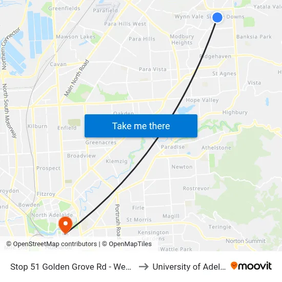 Stop 51 Golden Grove Rd - West side to University of Adelaide map