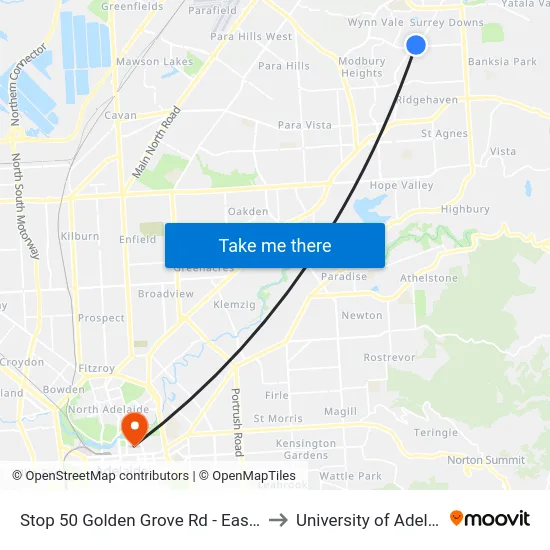 Stop 50 Golden Grove Rd - East side to University of Adelaide map