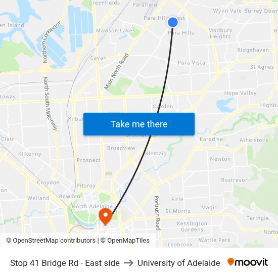 Stop 41 Bridge Rd - East side to University of Adelaide map