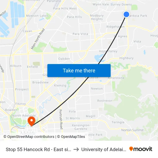 Stop 55 Hancock Rd - East side to University of Adelaide map