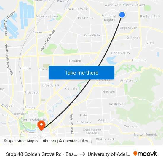 Stop 48 Golden Grove Rd - East side to University of Adelaide map