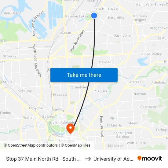 Stop 37 Main North Rd - South East side to University of Adelaide map