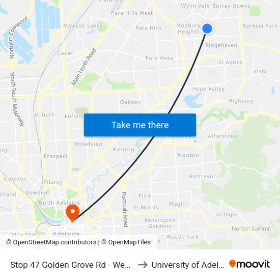 Stop 47 Golden Grove Rd - West side to University of Adelaide map