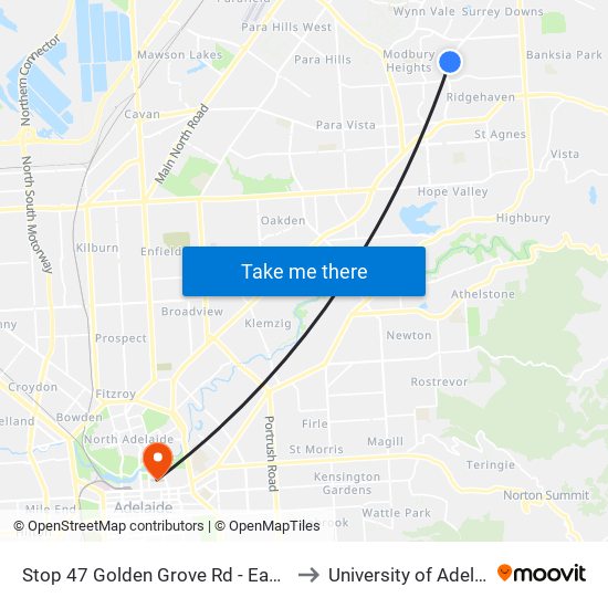 Stop 47 Golden Grove Rd - East side to University of Adelaide map