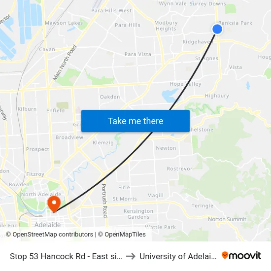 Stop 53 Hancock Rd - East side to University of Adelaide map