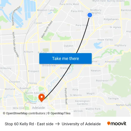 Stop 60 Kelly Rd - East side to University of Adelaide map