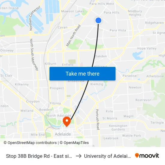 Stop 38B Bridge Rd - East side to University of Adelaide map