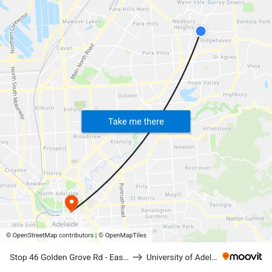 Stop 46 Golden Grove Rd - East side to University of Adelaide map