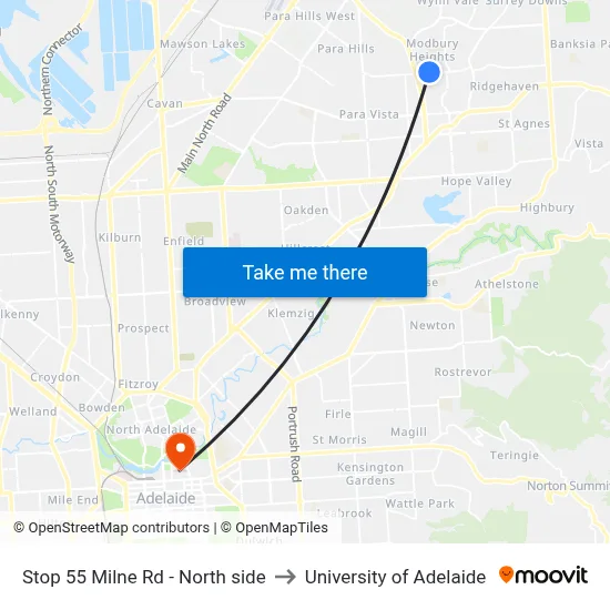 Stop 55 Milne Rd - North side to University of Adelaide map