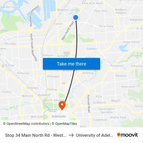 Stop 34 Main North Rd - West side to University of Adelaide map