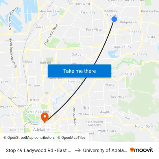 Stop 49 Ladywood Rd - East side to University of Adelaide map