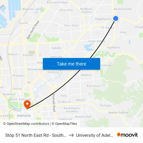 Stop 51 North East Rd - South side to University of Adelaide map