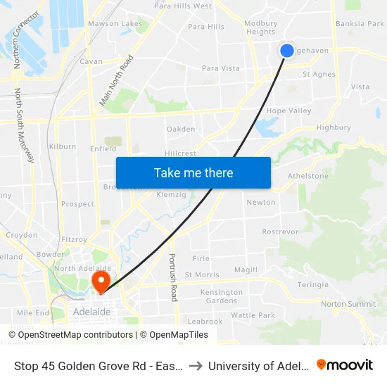 Stop 45 Golden Grove Rd - East side to University of Adelaide map