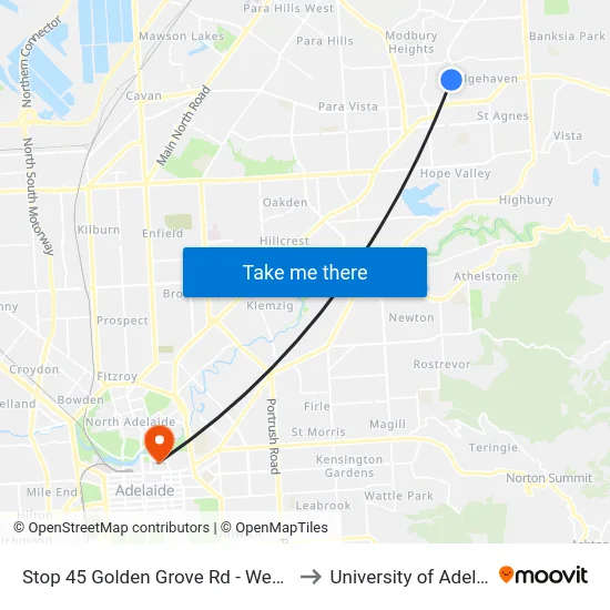 Stop 45 Golden Grove Rd - West side to University of Adelaide map