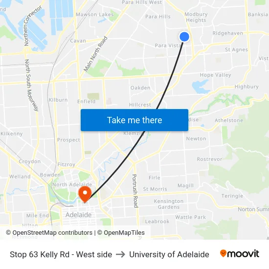 Stop 63 Kelly Rd - West side to University of Adelaide map