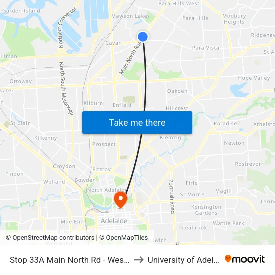 Stop 33A Main North Rd - West side to University of Adelaide map