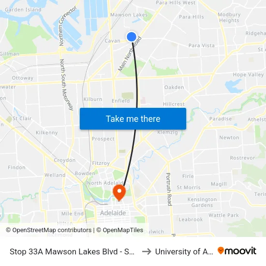 Stop 33A Mawson Lakes Blvd - South West side to University of Adelaide map