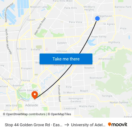 Stop 44 Golden Grove Rd - East side to University of Adelaide map