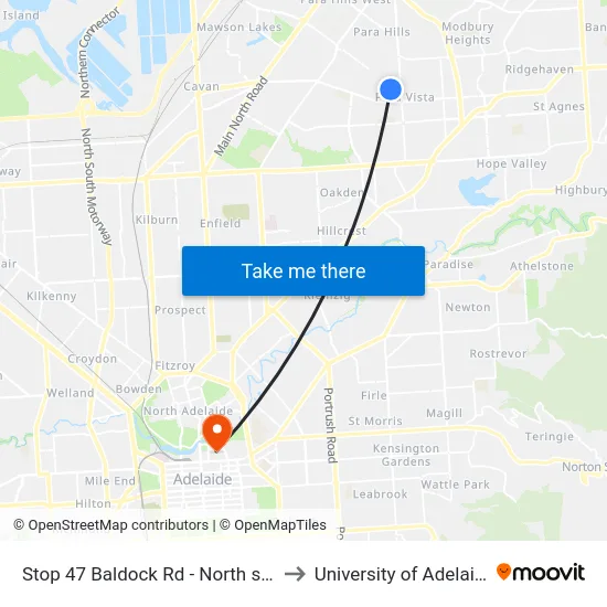Stop 47 Baldock Rd - North side to University of Adelaide map