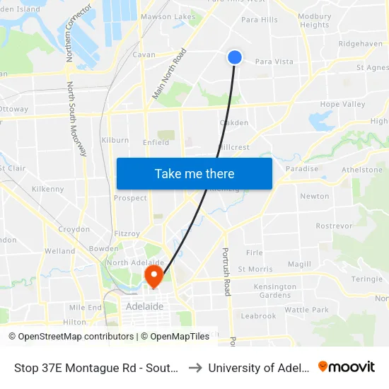 Stop 37E Montague Rd - South side to University of Adelaide map