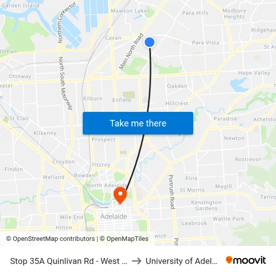 Stop 35A Quinlivan Rd - West side to University of Adelaide map