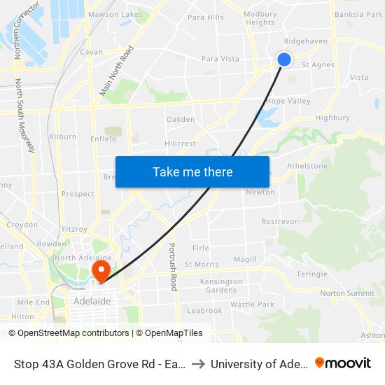 Stop 43A Golden Grove Rd - East side to University of Adelaide map