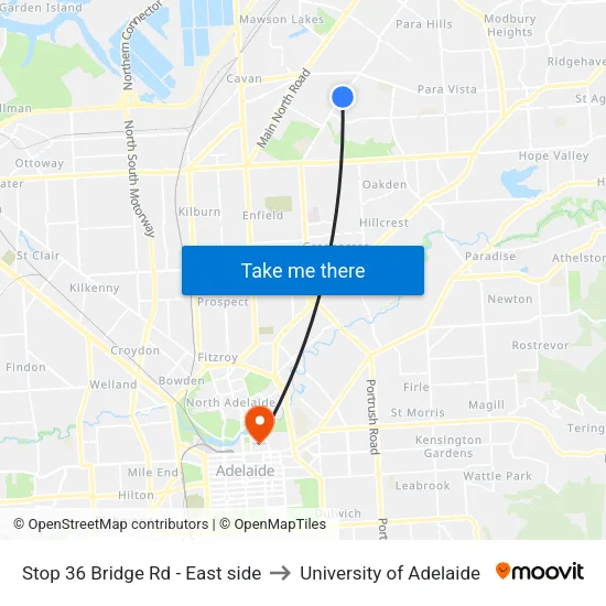 Stop 36 Bridge Rd - East side to University of Adelaide map