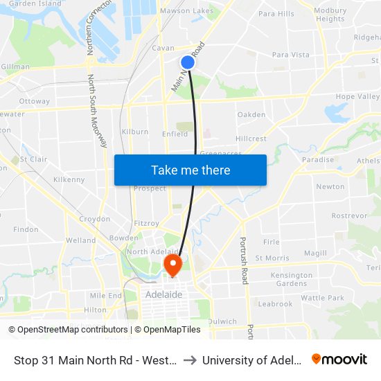 Stop 31 Main North Rd - West side to University of Adelaide map