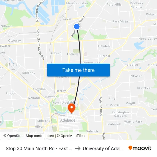 Stop 30 Main North Rd - East side to University of Adelaide map
