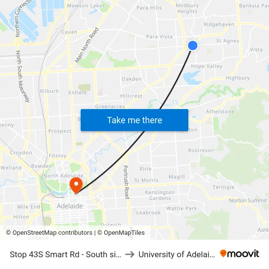 Stop 43S Smart Rd - South side to University of Adelaide map