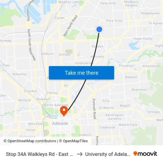 Stop 34A Walkleys Rd - East side to University of Adelaide map