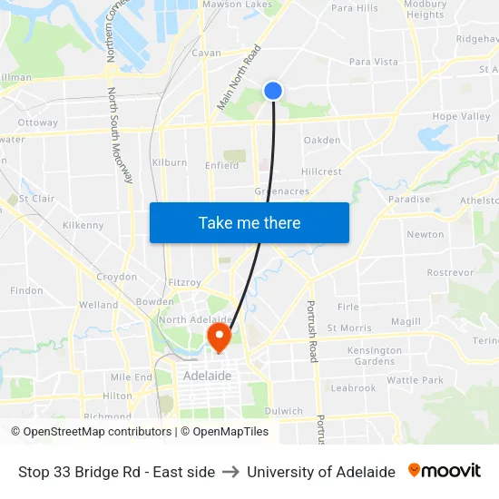 Stop 33 Bridge Rd - East side to University of Adelaide map