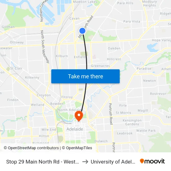 Stop 29 Main North Rd - West side to University of Adelaide map