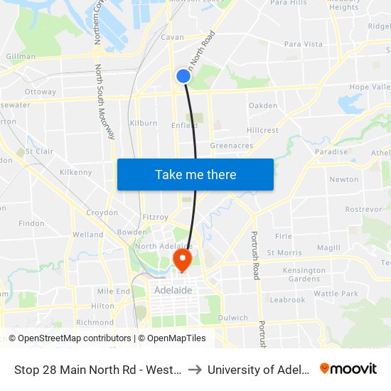 Stop 28 Main North Rd - West side to University of Adelaide map