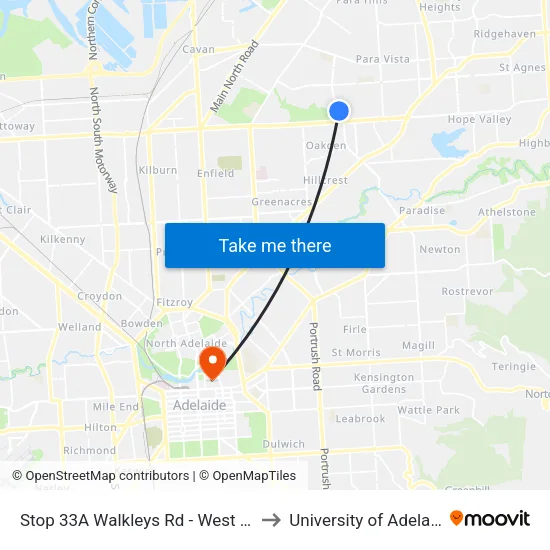 Stop 33A Walkleys Rd - West side to University of Adelaide map