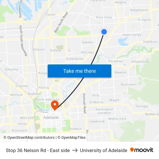 Stop 36 Nelson Rd - East side to University of Adelaide map