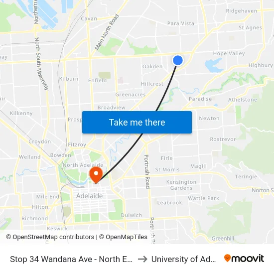 Stop 34 Wandana Ave - North East side to University of Adelaide map