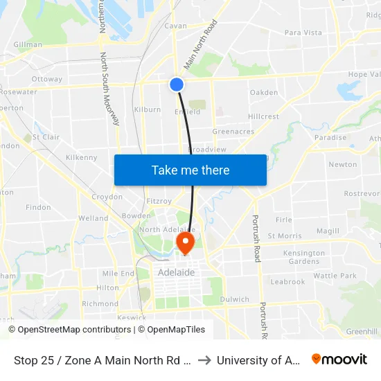 Stop 25 / Zone A Main North Rd - West side to University of Adelaide map