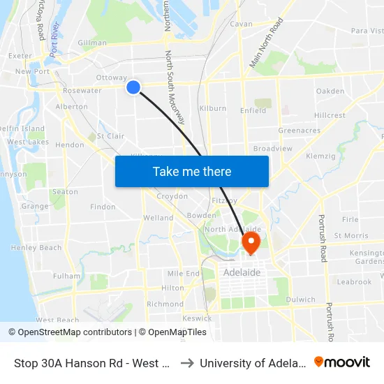 Stop 30A Hanson Rd - West side to University of Adelaide map