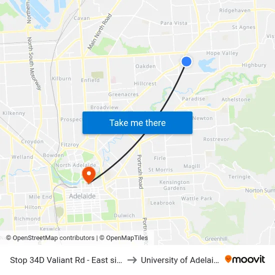 Stop 34D Valiant Rd - East side to University of Adelaide map