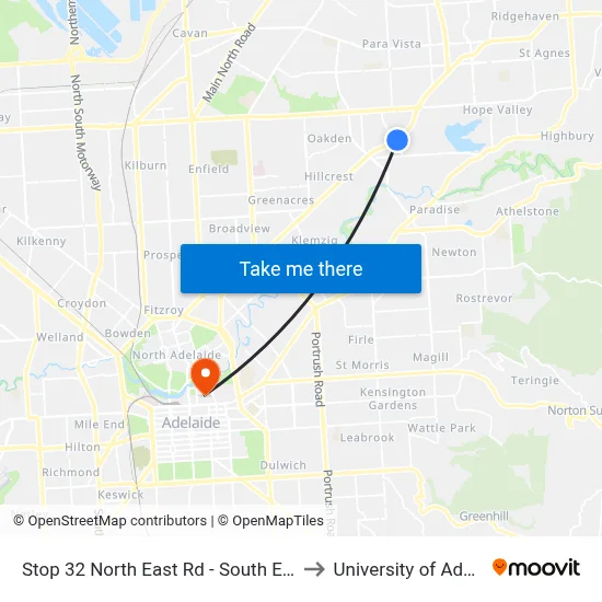Stop 32 North East Rd - South East side to University of Adelaide map