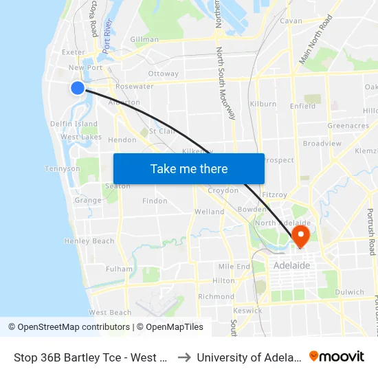 Stop 36B Bartley Tce - West side to University of Adelaide map