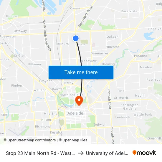 Stop 23 Main North Rd - West side to University of Adelaide map