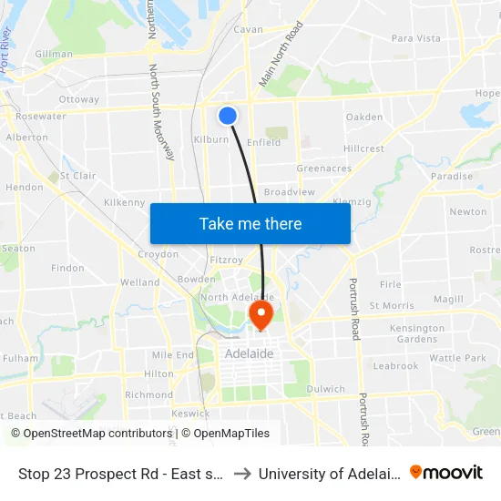 Stop 23 Prospect Rd - East side to University of Adelaide map