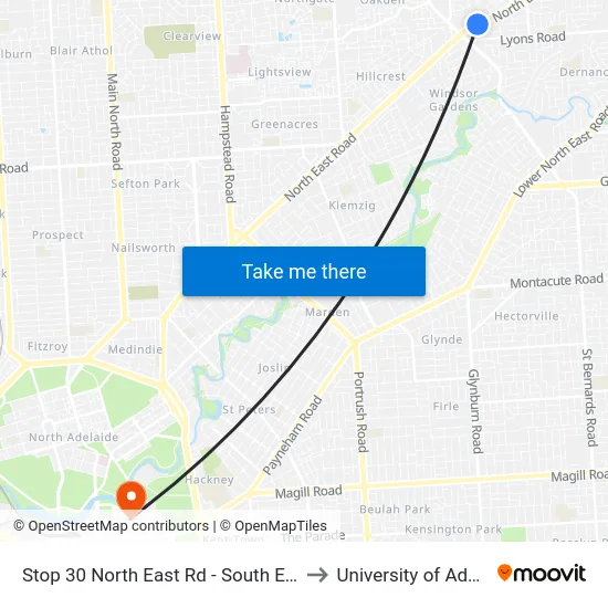 Stop 30 North East Rd - South East side to University of Adelaide map