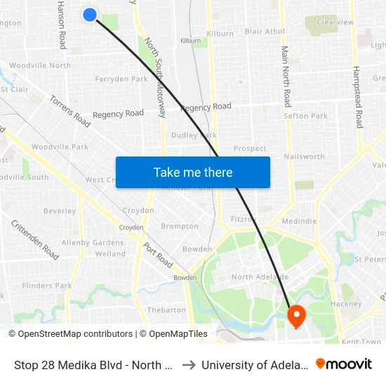 Stop 28 Medika Blvd - North side to University of Adelaide map