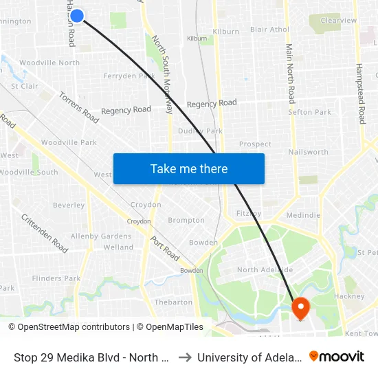 Stop 29 Medika Blvd - North side to University of Adelaide map